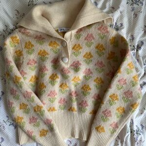 Zara Jacquard Knit Collard Flower Sweater Sz S